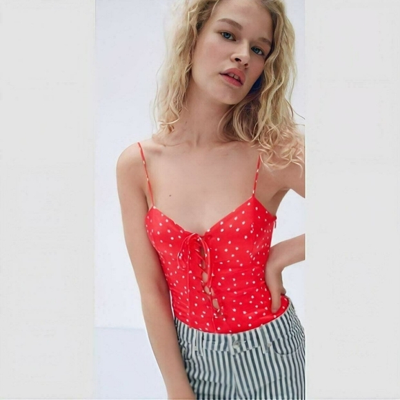 Zara Womens Satin Star Print Red White Stars Lace Up Snap Bottom Bodysuit Size M - Picture 3 of 13